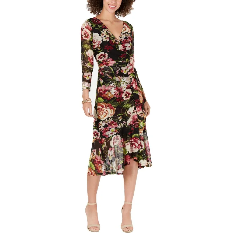 Connected Apparel Womens Petites Floral Print Mesh Wrap Dress