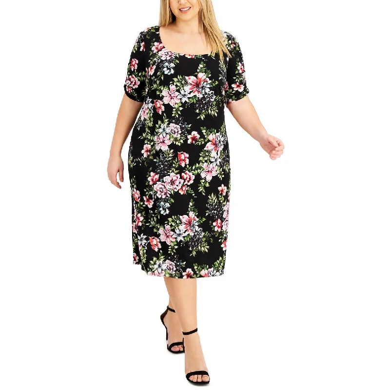 Connected Apparel Womens Plus Floral Scoop Neck Midi Dress