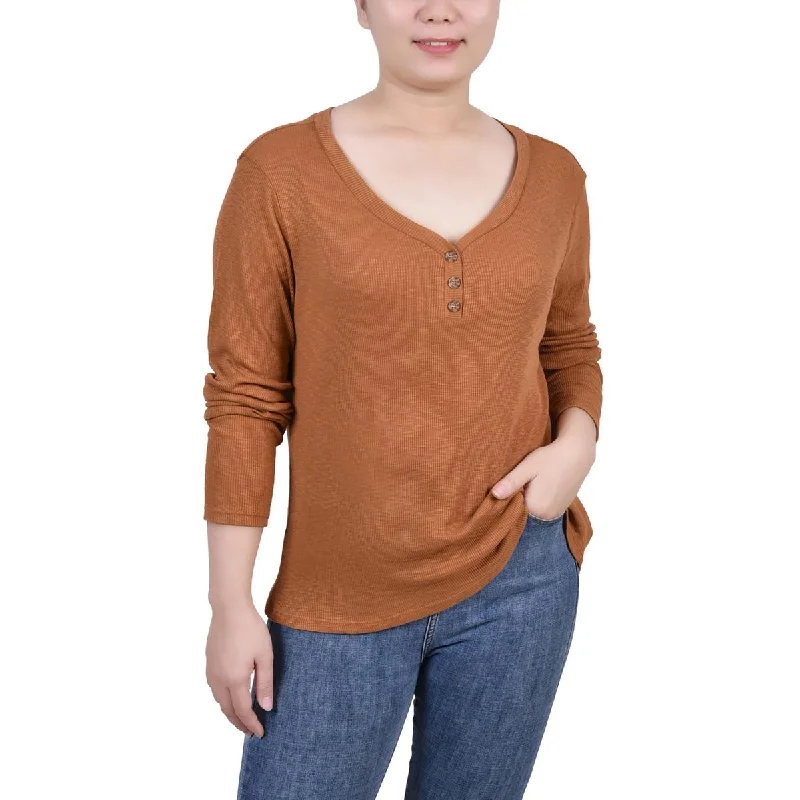 NY Collection Womens Petites Cotton Ribbed Henley