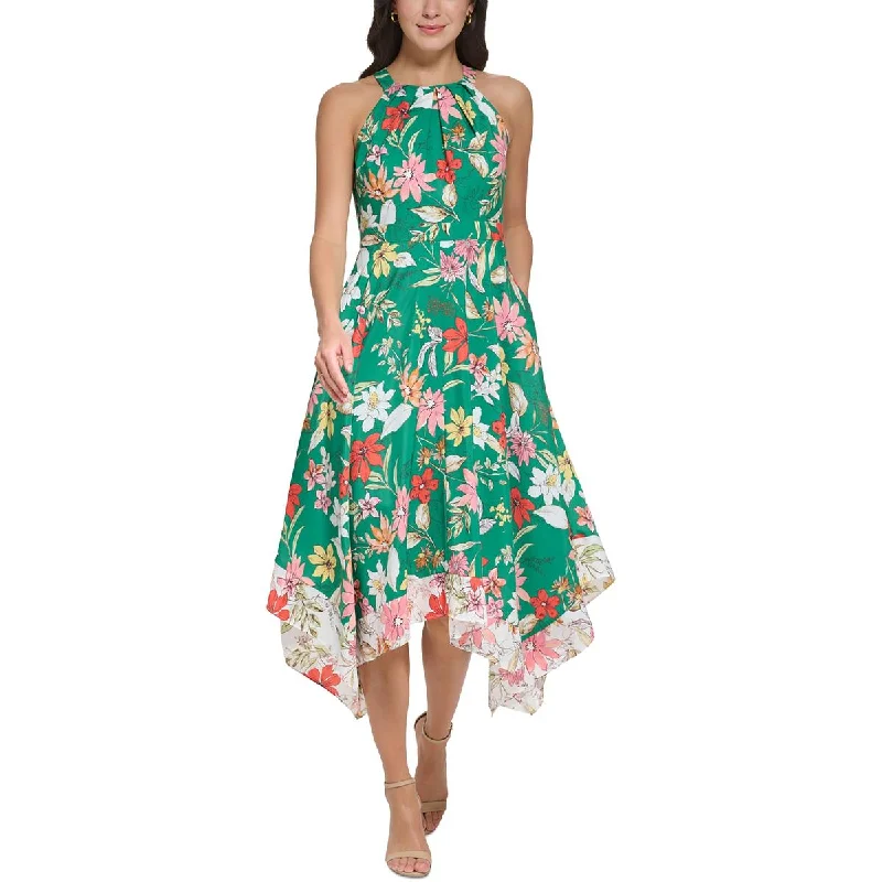 Vince Camuto Womens Petites Floral Print Tea Length Halter Dress