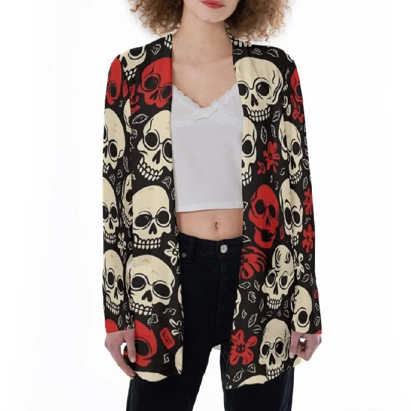 Women's Red White Skulls Sweater With Pocket